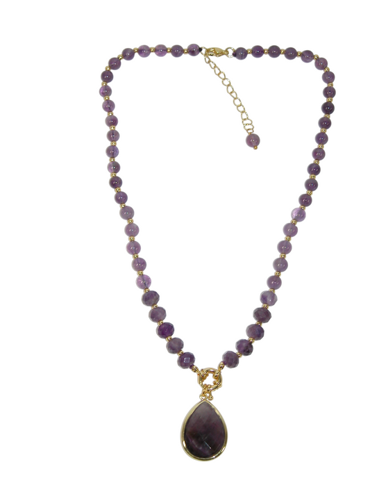 N5606 Amethyst Pendant Short Polished Bead Necklace