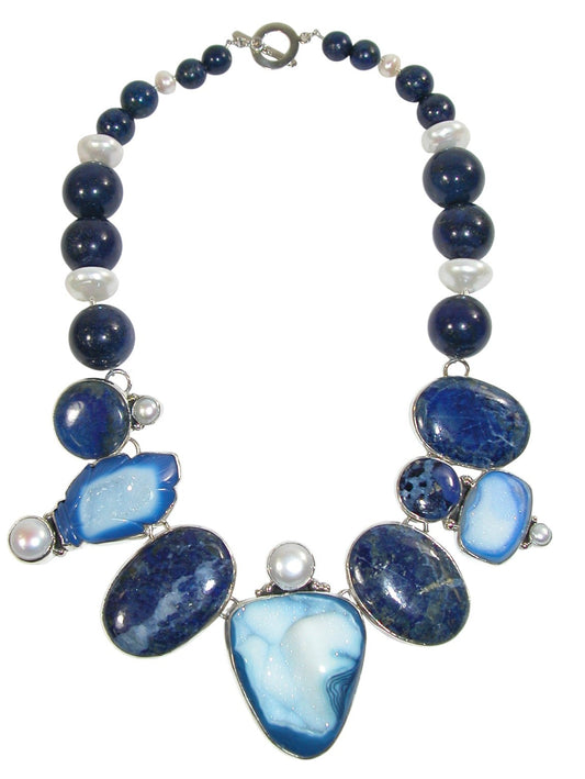 34431 Lapis Drusy Agate Pearl Sterling Silver Necklace