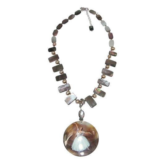 PNT017 Hand Painted Ballerina Mother of Pearl, Smoky Quartz, Beaded Sterling Silver Necklace