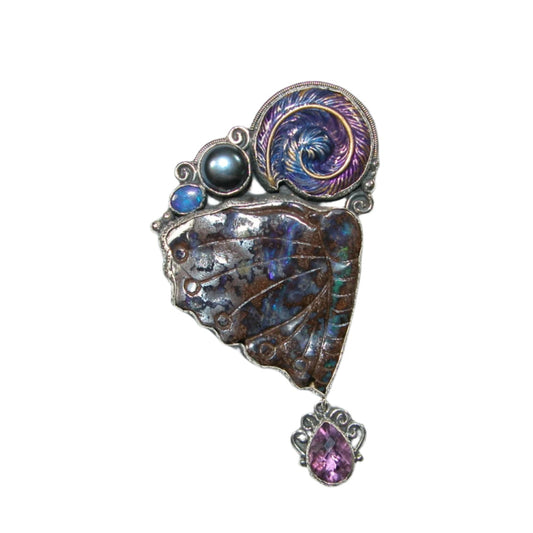 32756 Carved Wing Boulder Opal, Amethyst Enameled Shell Sterling Silver Pin and Pendant