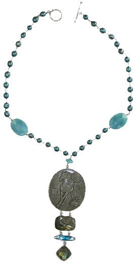 10058 Carved Rainbow Obsidian Horse with Labradorite, Blue Tiberium and Freshwater Pearls Sterling Silver Necklace