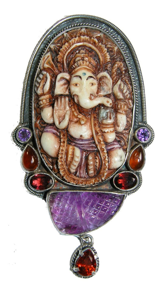 Hand Carved Bone Ganesha Sterling Silver Pin Pendant