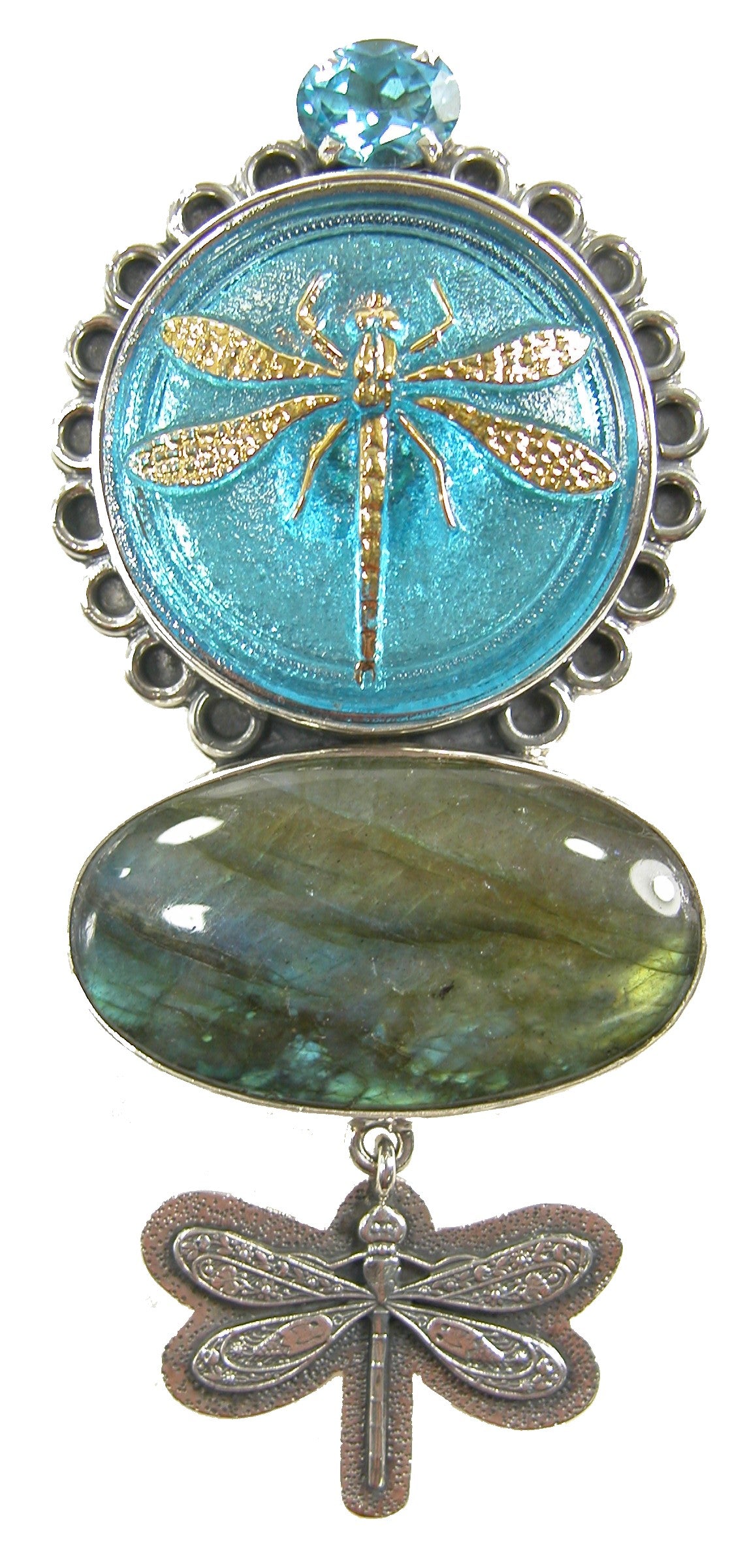 Vintage Glass Dragonfly Labradorite Sterling Silver Pin Pendant