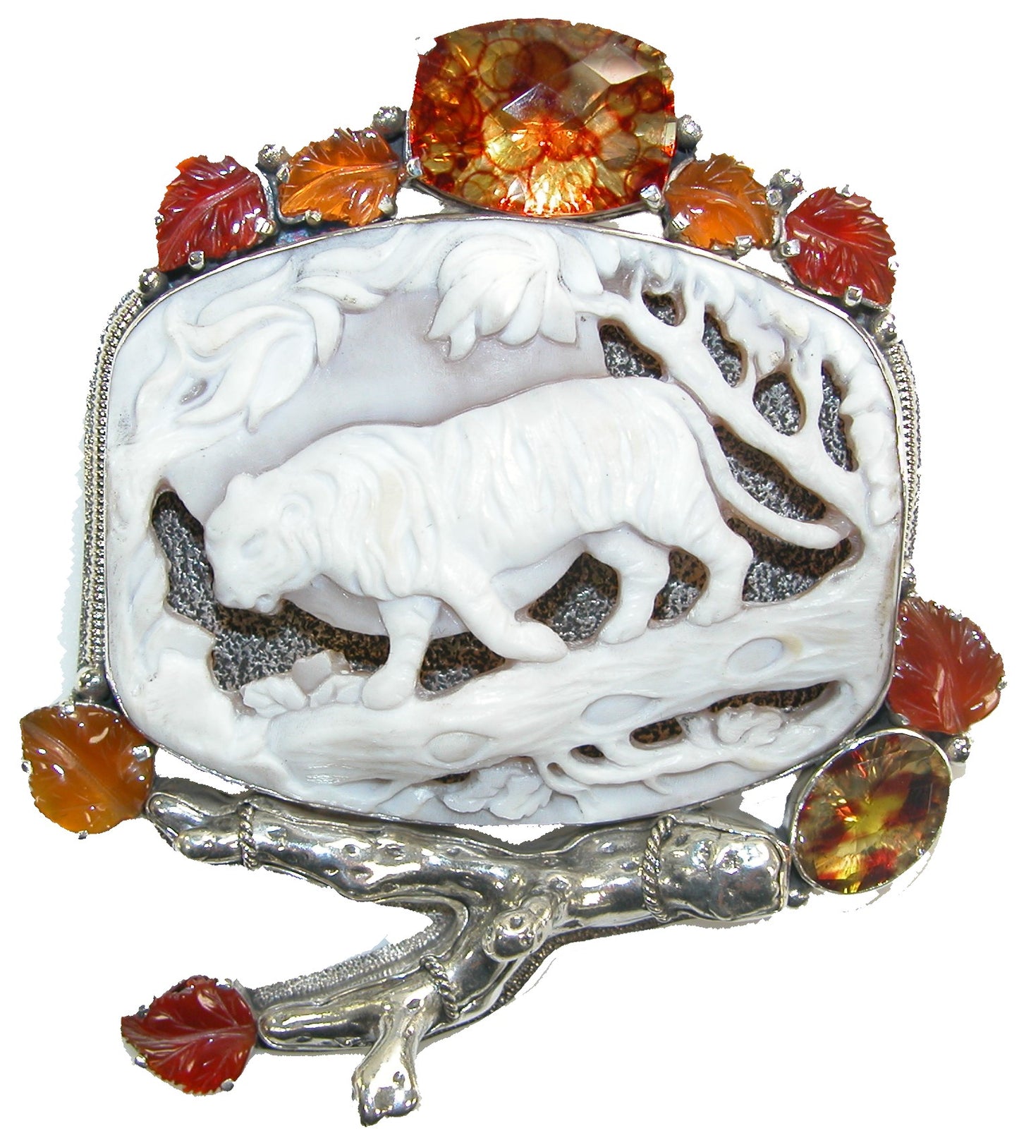Carved Bone Tiger Carnelian Quartz Sterling Silver Pin Pendant