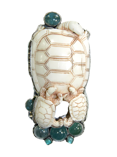 Hand Carved Turtle with Green Aquamarine Pin and Pendant