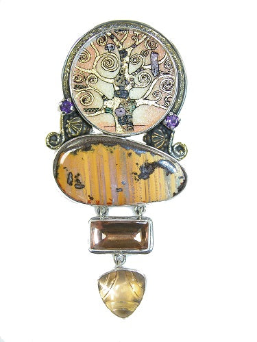 Tree of Life Gemstone Mosaic Boulder Opal Sterling Silver Pin and Pendant