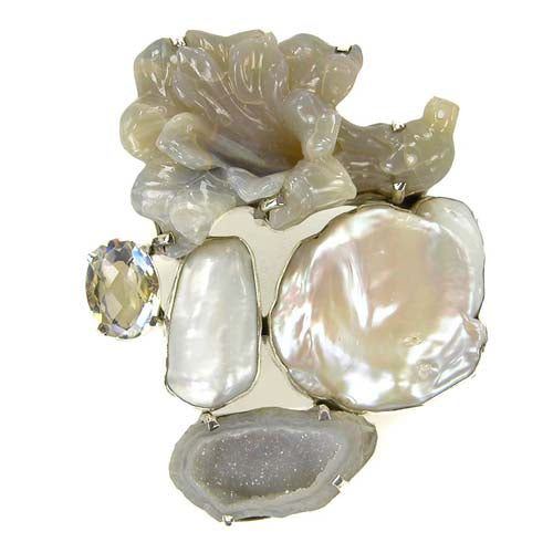 Opal Flower with Geode & Pearl Sterling Silver Pin Pendant