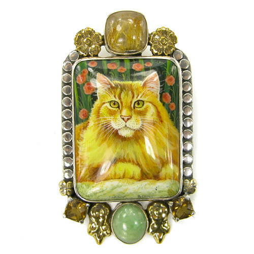 Russian Hand Painted Cat Rutilated Quartz Sterling Silver Pin Pendant