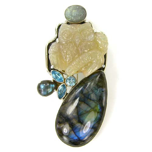 Hand Carved Opal Owl and Labradorite Sterling Silver Pin Pendant