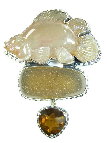 18265 Hand Carved Opal Fish Brazilian Drusy Agate Cognac Topaz Sterling Silver Pin Pendant