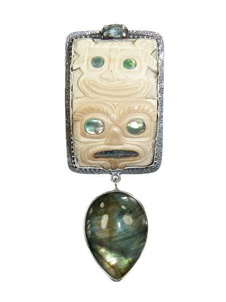 Hand Carved Fossil Ivory Abalone Labradorite Sterling Silver Pin and Pendant
