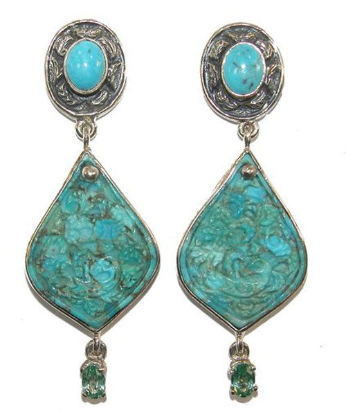 Carved Turquoise Blue Topaz Sterling Silver Earring