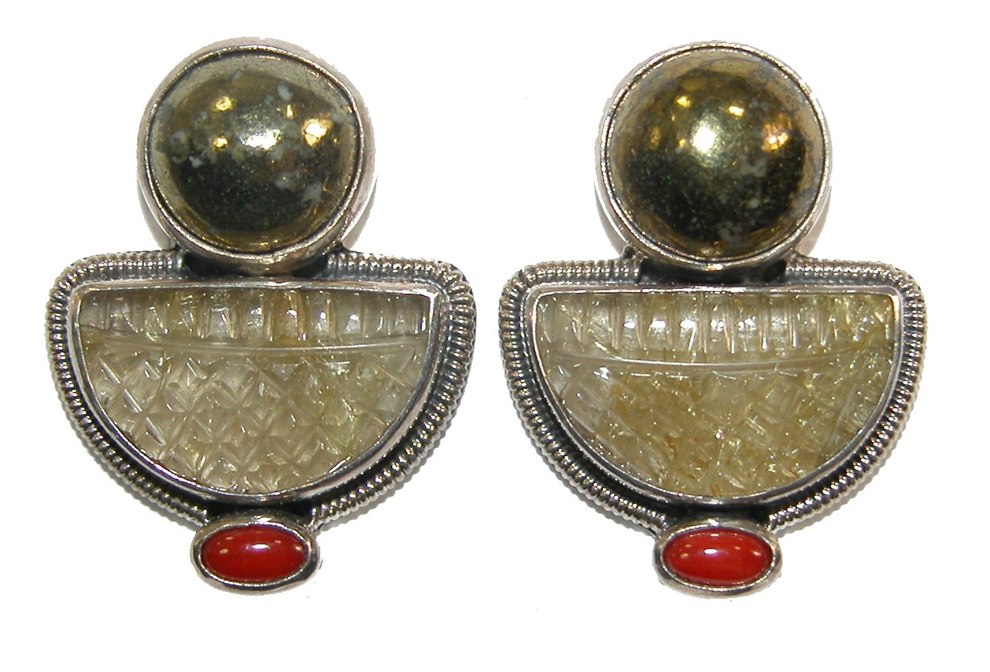 Pyrite Rutilated Quartz Coral Sterling Silver Earrings
