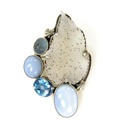 Druzy Leaf with Blue Opal and Celestial Quartz Pin - Pendant