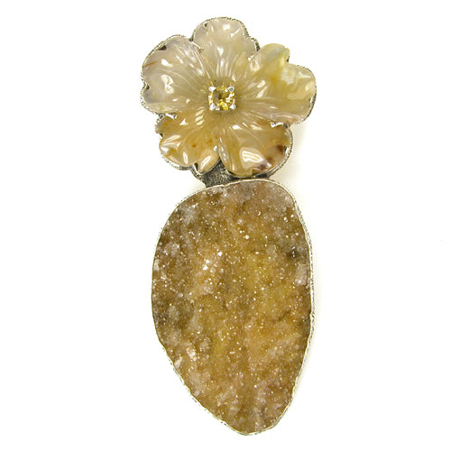 Hand Carved Agate Flower and Natural Drusy Pin - Pendant