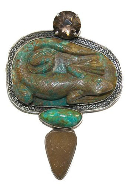 Carved Natural Turquoise Lizard Smoky Quartz Druzy Agate Sterling Silver Pin Pendant