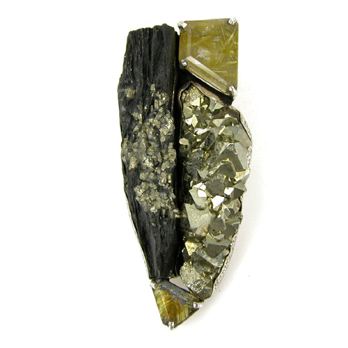 Pyrite in Slade with Rutilated Quartz Sterling Silver Pin Pendant