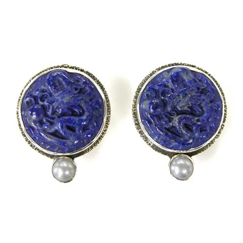 Hand Carved Lapis Dragon and Pearl Sterling Silver Earrings