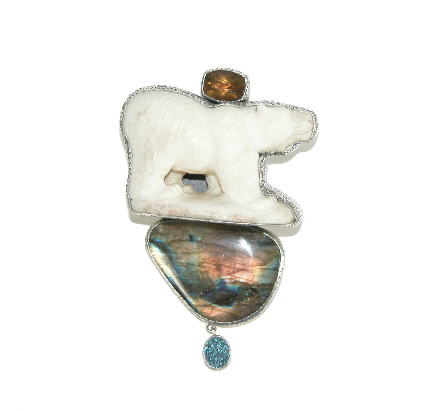 Carved Bear Labradorite Drusy Sterling Silver Pin Pendant