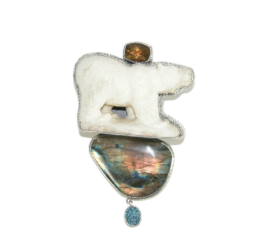 Carved Bear Labradorite Drusy Sterling Silver Pin Pendant