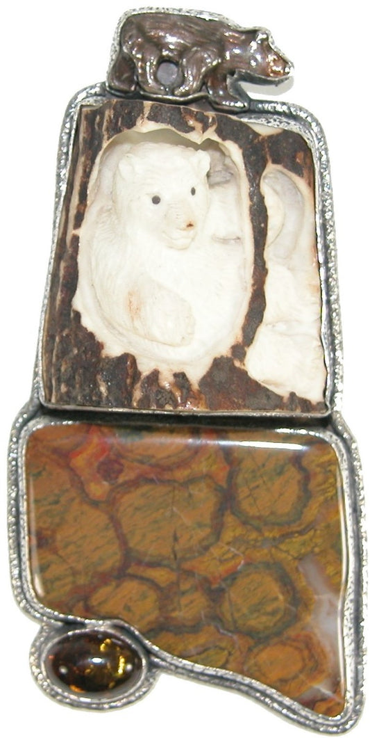 Carved Bear Poppy Jasper Amber Sterling Silver Pin Pendant