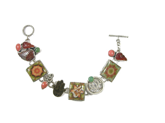Handmade Tile and Lotus Flower with Coral Carnelian Sterling Silver Bracelet