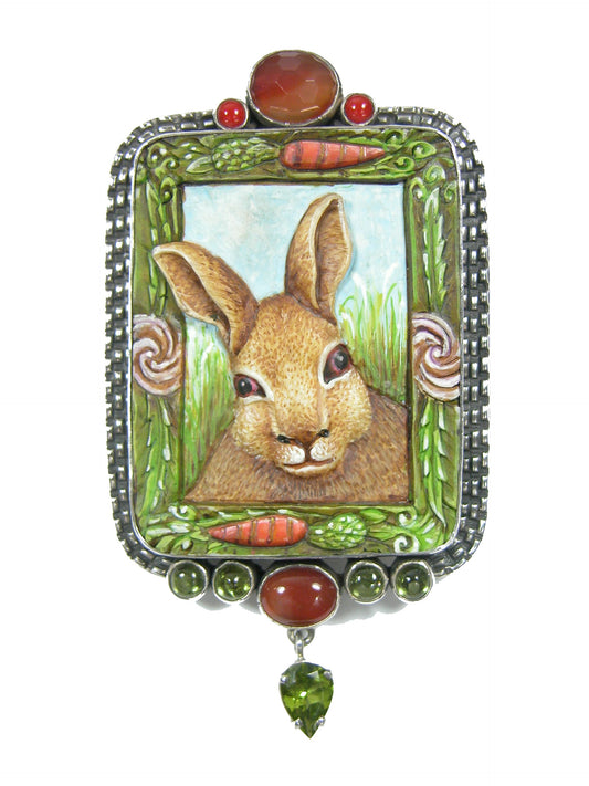Hand Carved Bunny with Carnelian Peridot in Sterling Silver