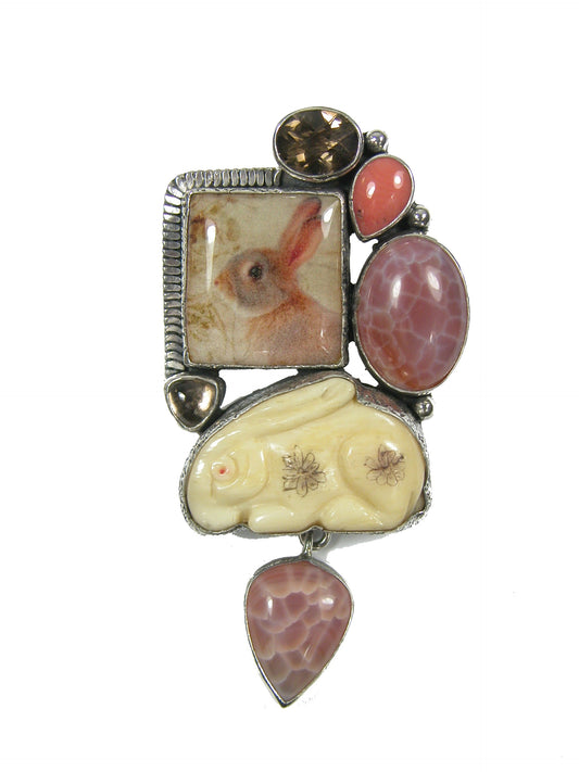 Handmade Tile Bunny with Rhodochrosite Sterling Silver Pin Pendant