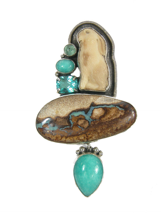 Handcarved Fossil Boulder Opal Blue Topaz Sterling Silver Pin Pendant