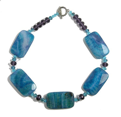 Faceted Blue Agate Purple Blue Quartz Beaded Sterling Silver Necklace