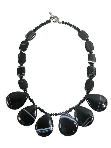 Black Banded Agate Faceted Crystal Beads Pewter Toggle Necklace