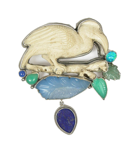 Hand Carved Crane Chrysoprase Lapis Pin Pendant