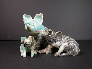 Carved Blue Quartzite Pig Family Sculpture