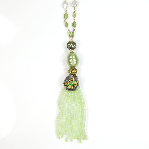 Tsavorite and Vermeil Frog on Prenite Tassel Necklace