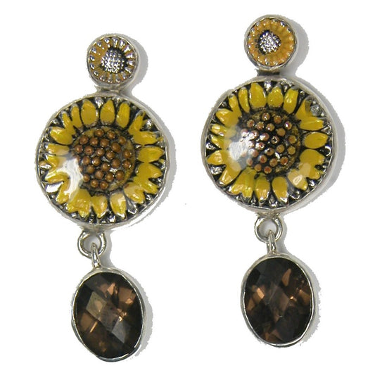 30196 Hand-painted Enamel Sunflower with Smoked Topaz Earring