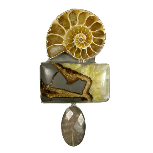 Fossilized Ammonite and Guinea Feather Sterling Silver Pin and Pendant