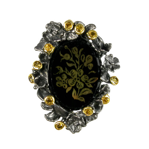 Vintage Glass, Citrine, Rhodium and Vermeil over Sterling Silver Ring