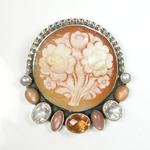Hand Carved Flowers in Conch Shell Pin - Pendant