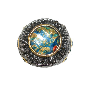 Round Tapestry Quartz, Blue Topaz Rhodium and Vermeil over Sterling Silver Ring