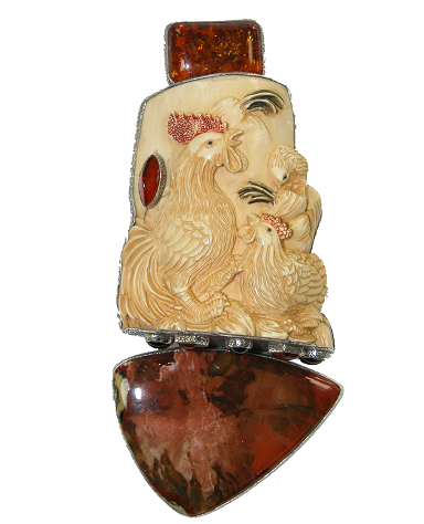 Hand Carved Fossilized Ivory, Fancy Jasper, Garnet, and Amber Chicken Pin/Pendant