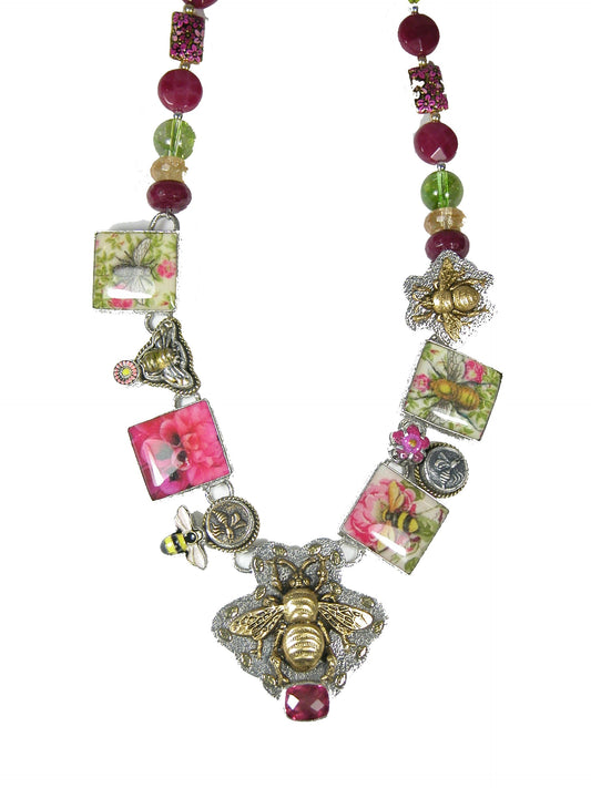 30441 Handmade Bee Tile Pink Quartz Sterling Silver Necklace