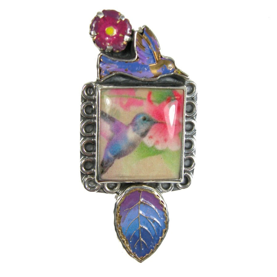 Hand-Painted Enamel and Handmade Tile Hummingbird on Sterling Silver Pin Pendant
