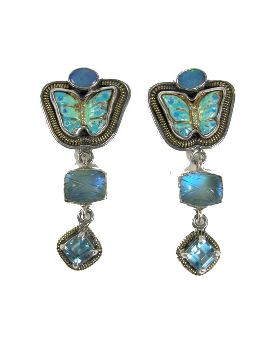 Opal and Blue Topaz with Enamel Butterfly on Sterling Silver Earring