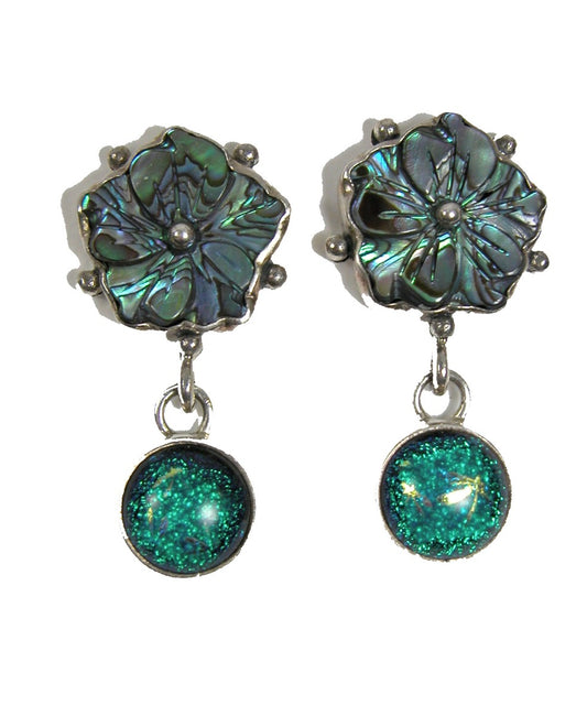 29436 Abalone Flower and Dichroic Glass on Sterling Silver Earring