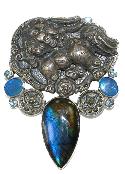 Vintage Chinese Silver Foo Dog, Blue Topaz, Labradorite, Boulder Opal Pin and Pendant