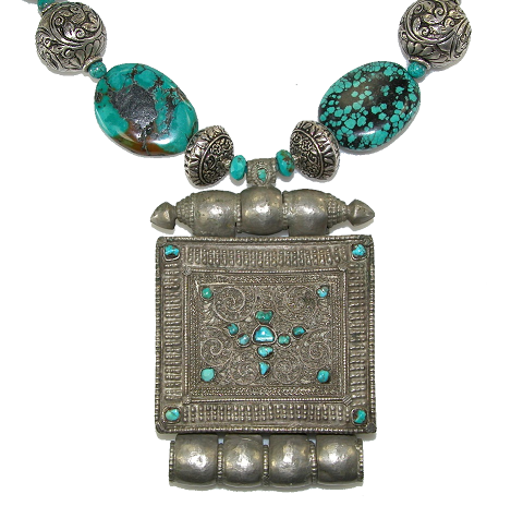 Sterling Silver and Turquoise Antique Tibetan Prayer Box Necklace