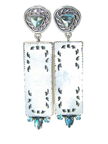 Sterling Silver Blue Topaz, Antique Chinese Ornament Dangle Earrings