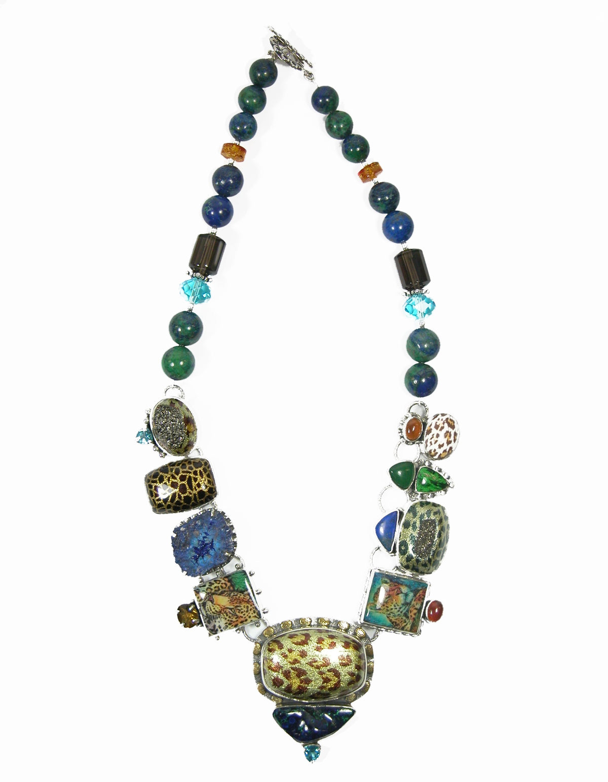 29974 Enamel Over Agate Malachite Azurite Handmade Tile Necklace