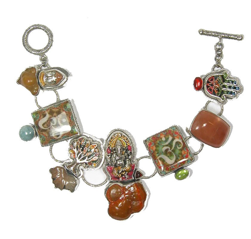 Handmade Om Tiles Botryoidal Chalcedony Enamels Sterling Silver Bracelet