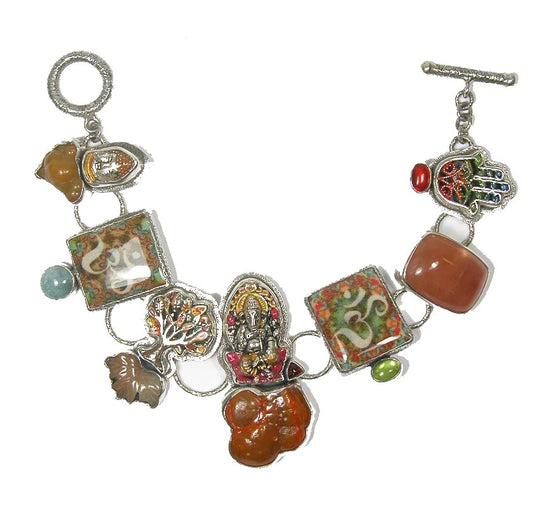 Handmade Om Tiles Botryoidal Chalcedony Enamels Sterling Silver Bracelet